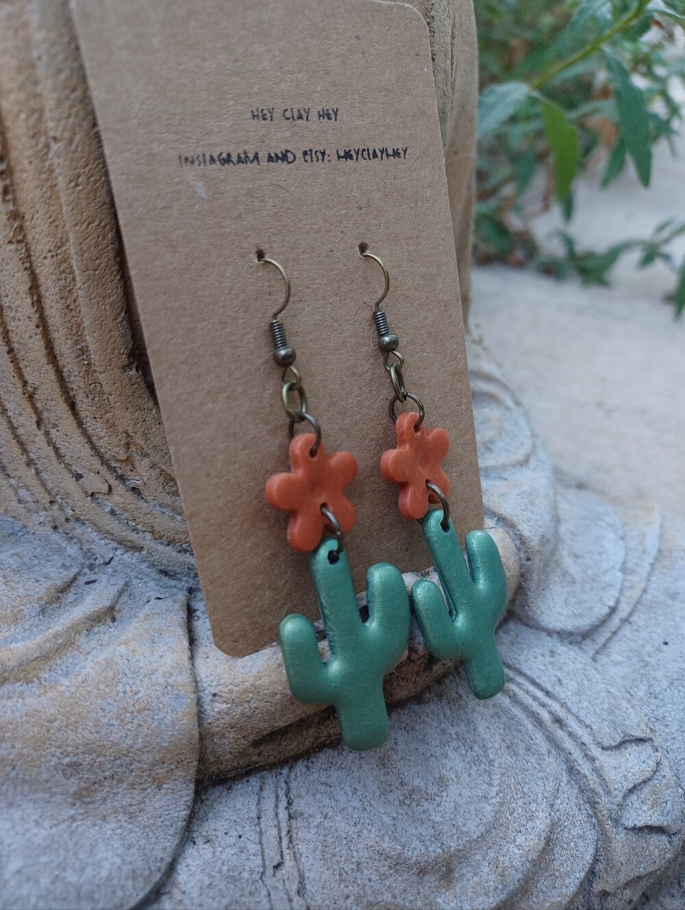 Green Cactus & Terracotta Flower Earrings - Picture 6 of 6